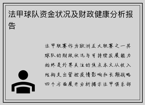 法甲球队资金状况及财政健康分析报告